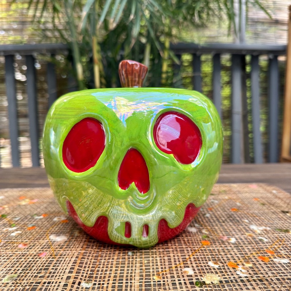 Ceramic Poison Apple Skull Cookie Jar Canister Iridescent Green Red Lid